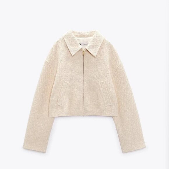 Zara Woven Cropped Bomber Jacket Ecru Cream White SIZE S  2920/469/712 - Picture 4 of 6